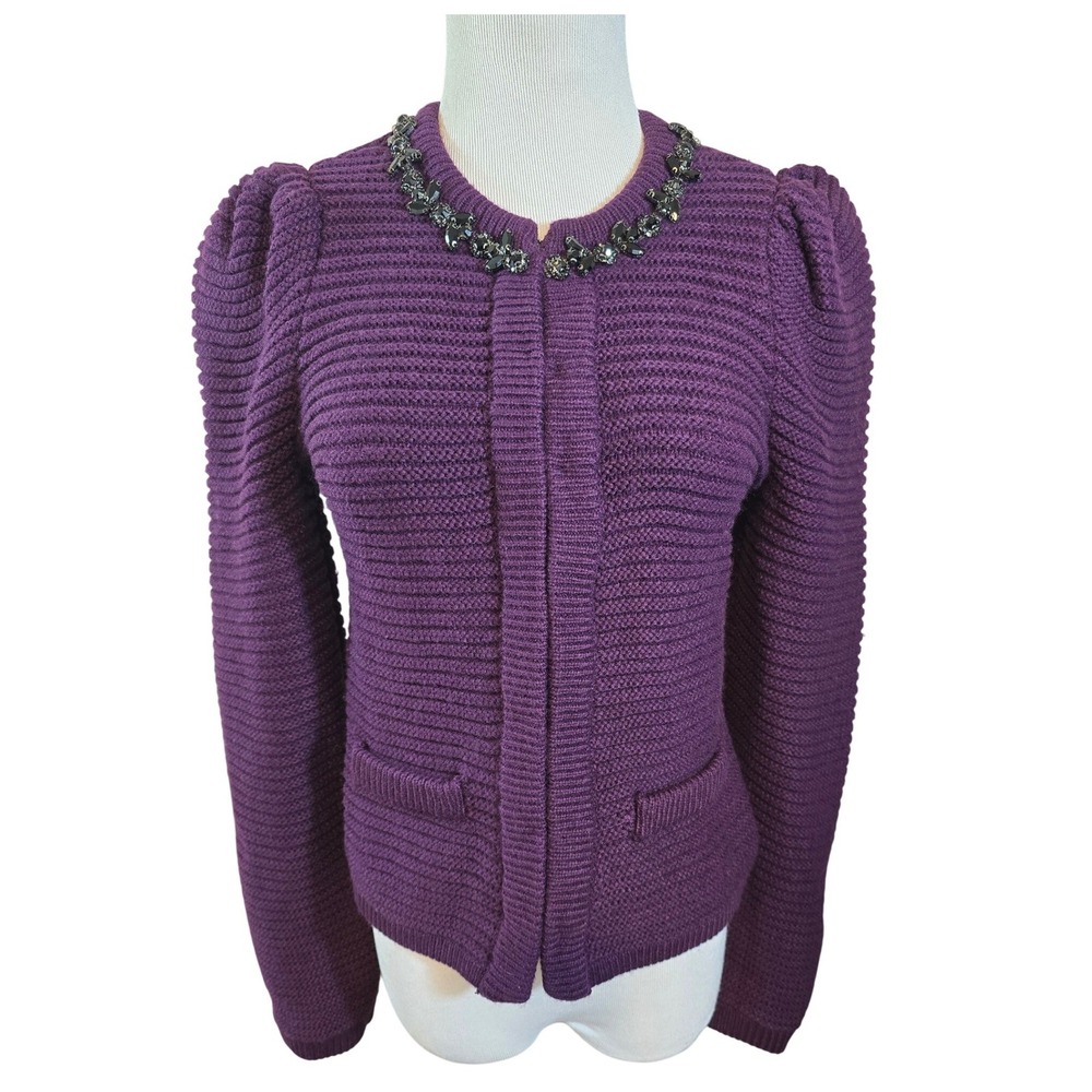 Express Women's Purple Beaded Collar Puff Sleeve Knit Cardigan‎ Sweater XS